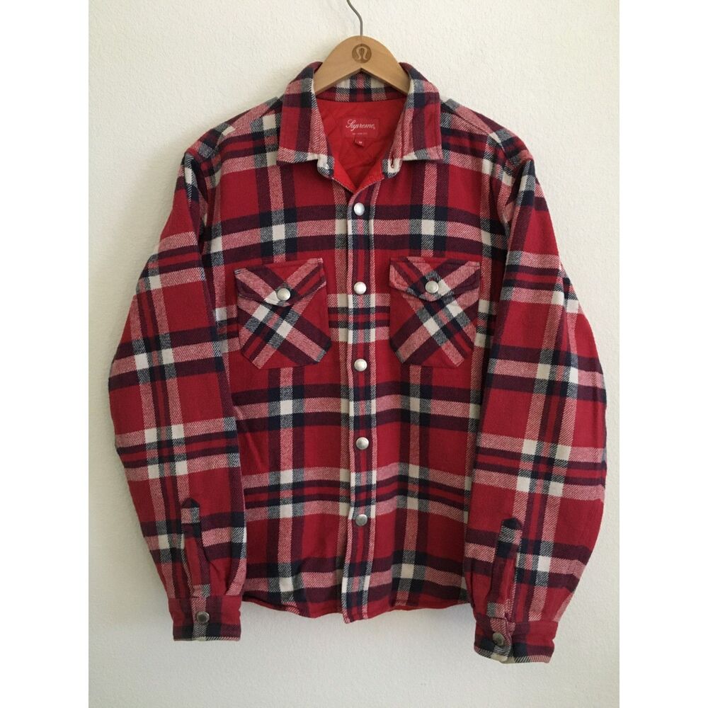 Supreme Arc Logo Quilted Flannel Shirt Red Plaid M